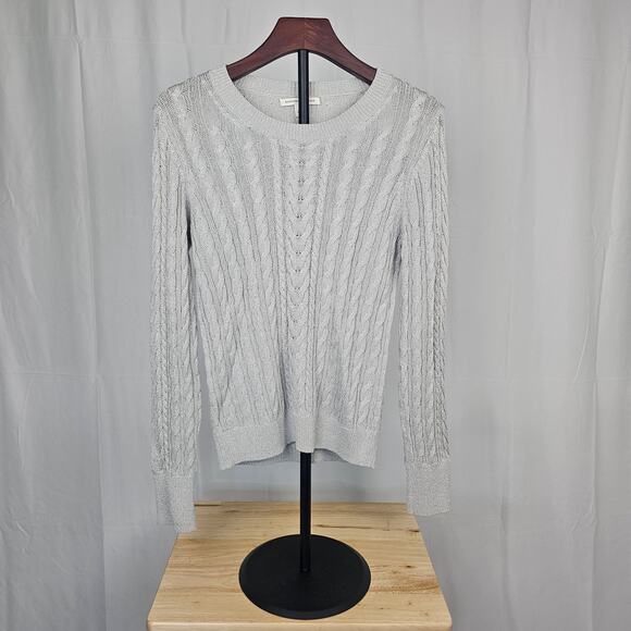 Banana Republic Shimmer Cable Knit Sweater L Metallic Silver Lightweight - Picture 1 of 4